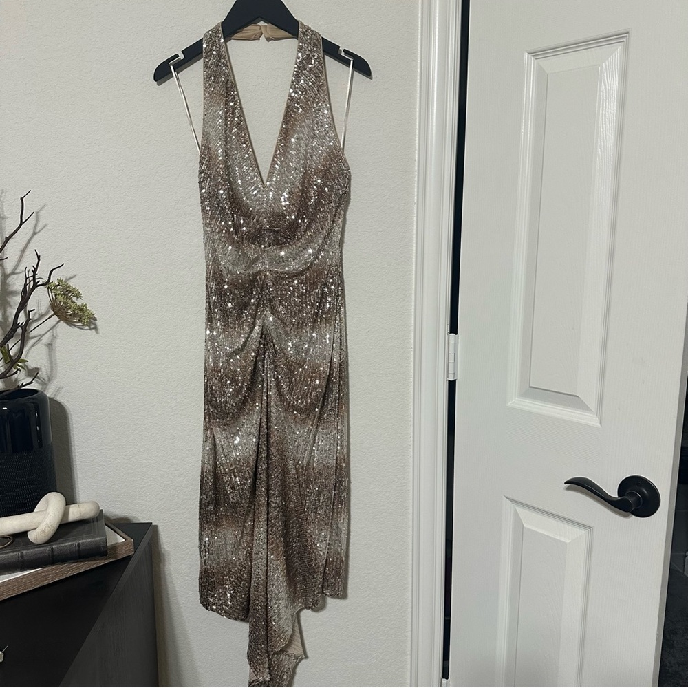 NWT Belle Badgley Mischka Julia Sequin Ruched Ombre  Drape Front Dress - Picture 7 of 9